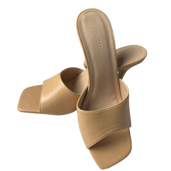 Forever 21 Shoes - FOREVER 21 Square Toe Nude Beige Faux Leather Slip On Sandals Heels SZ 8.5 Slide